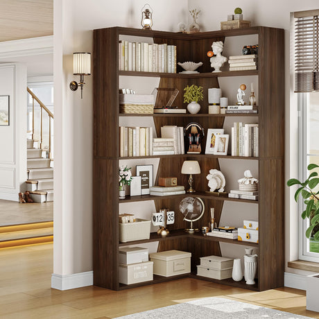FACBOTALL 6-Tier Corner Bookshelf, Modern Bookshelf and Bookcase, Tall Bookcase Open Display Storage, L Shaped Corner Shelf for Library, Living Room, Home Office, Rustic Brown FACBOTALL