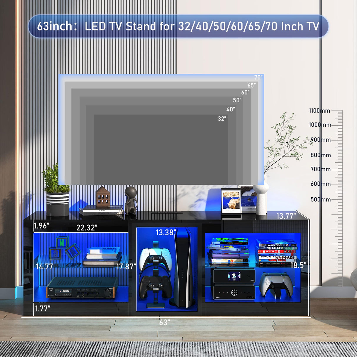 Vinctik 6&Fox LED TV Stands for Living Room w/60,000-Colors Lights&6.5ft Power Outlet for 55 60 65 70inch TV,Modern High Gloss LED Black Entertainment Center w/Adjustable Shelves for Gameroom/Bedroom Vinctik 6&Fox