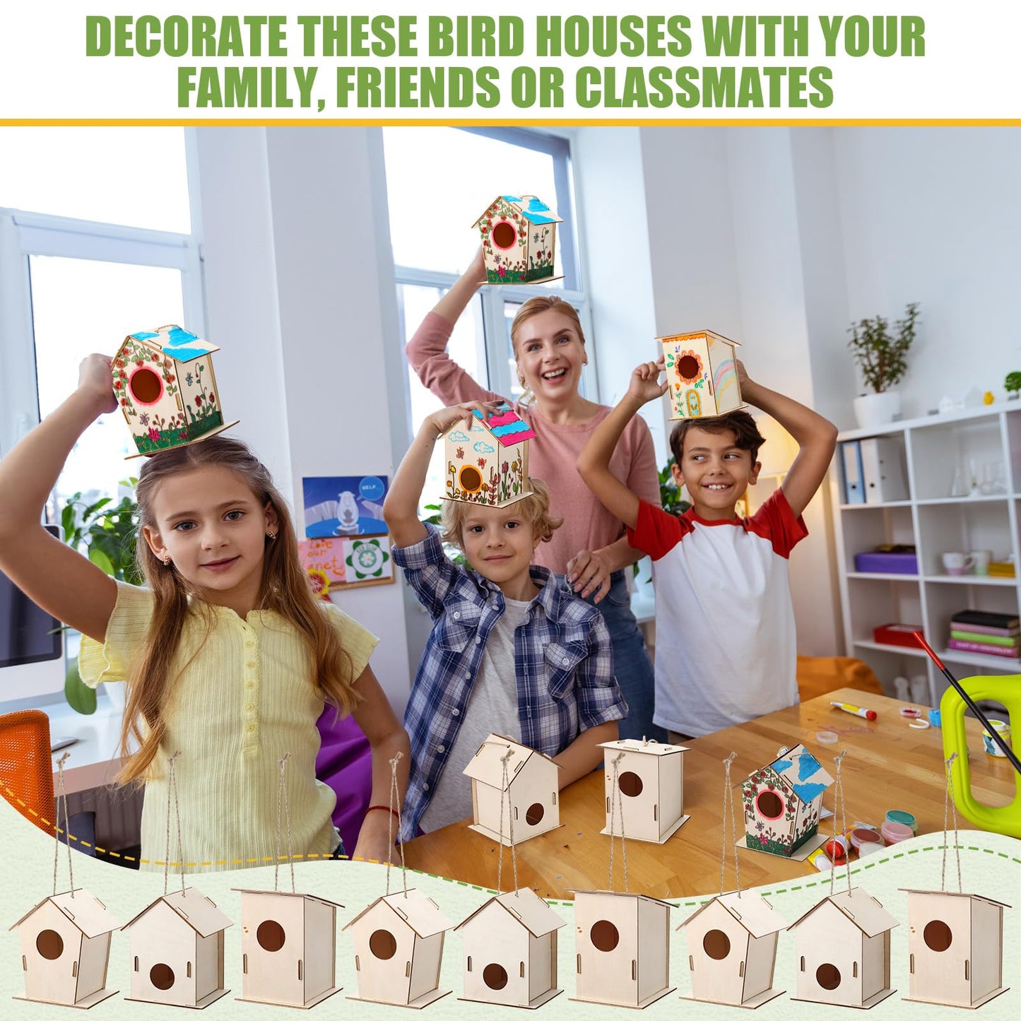 DoubleFill 12 Pcs Bulk Wooden Bird Houses Kits for Kids DIY Bird House Kit Unfinished Wood Birdhouse Wooden Crafts to Paint, Build, and DIY for Boys Girls Crafts Classroom Activity, 3 Styles