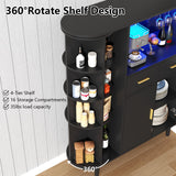 Kitchen Pantry Storage Cabinet with Charging Station and LED Lights, Freestanding Buffet Cabinet with Wine Glass Holder,Kitchen Hutch Cabinet with Rotation 4-Tier Storage Rack for Kitchen(Black) Gyfimoie