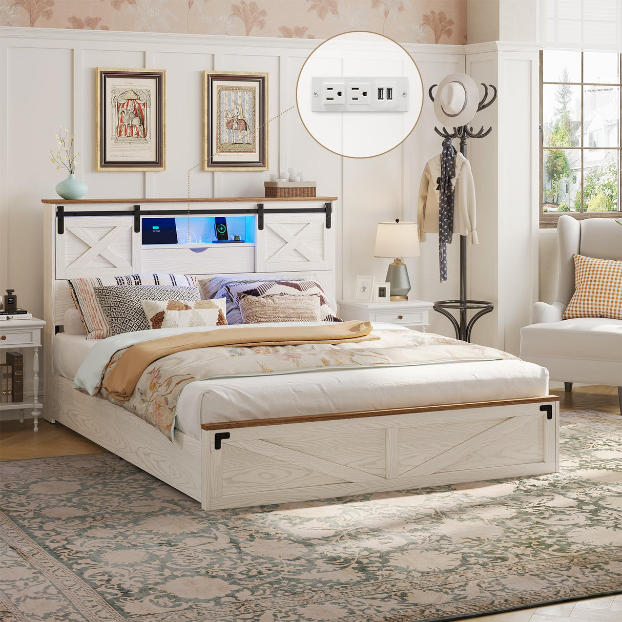 Hasuit Rustic Queen Size Bed Frame with LED Lights, Charging Station, and Storage Drawers Hasuit