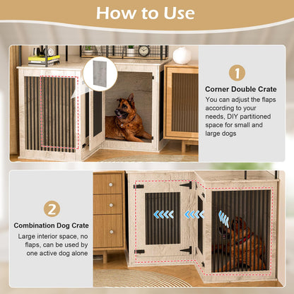 Corner Dog Crate Furniture, Decorative Dog Crate with Double Door Wooden Dog Crate Kennel Furniture with Divider Furniture Style Dog Crate End Table for Indoor Use (Black and White)