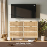 Rattan 6 Drawer Dresser for Bedroom, Large Double Dresser with Deep Drawers, Chest of Drawers for Closet with Wide Top, Long Wooden Dresser for Living Room, Hallway, Kids Room, Natural GarveeHome