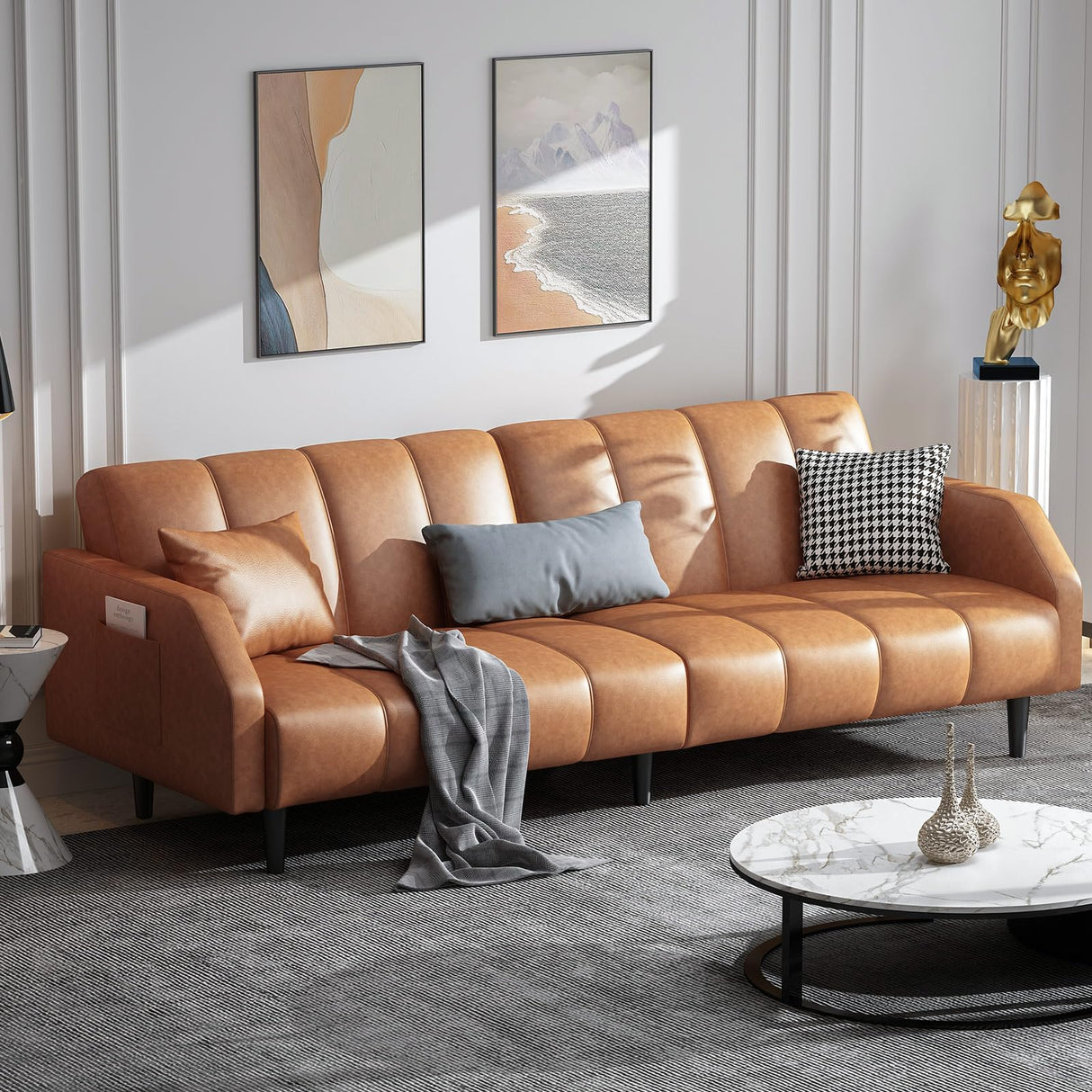 Fadware 78'' Futon Sofa Bed Couch, 2 Seater Faux Leather Futon Sleeper Couches with Adjustable Sofa Backrest, Convertible Loveseat Sofa Bed for Living Room, Bedroom, Office, Loft, Brown Fadware