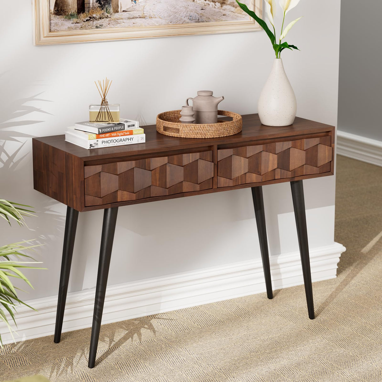 Bme Console Modern Mid-Century 2 Drawers, Unique Geometric Design Sofa Table for Entryway, Hallway, Living Room, Walnut Bme