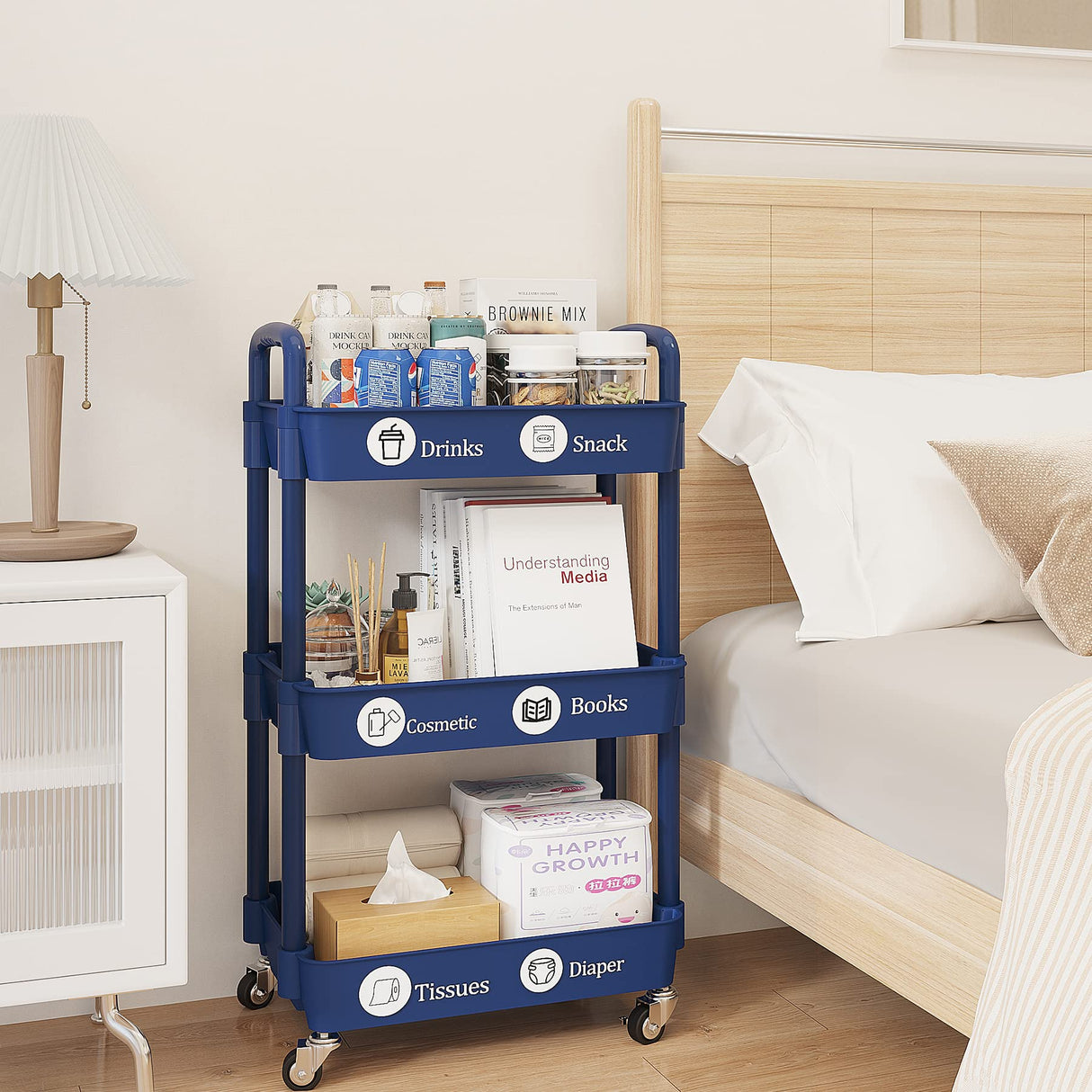 UDEAR 3-Tier Rolling Utility Cart with 12 Category Labels,Multifunctional Storage Shelves with Handle and Lockable Wheels for Room,Office,Kitchen,Bathroom,Blue UDEAR