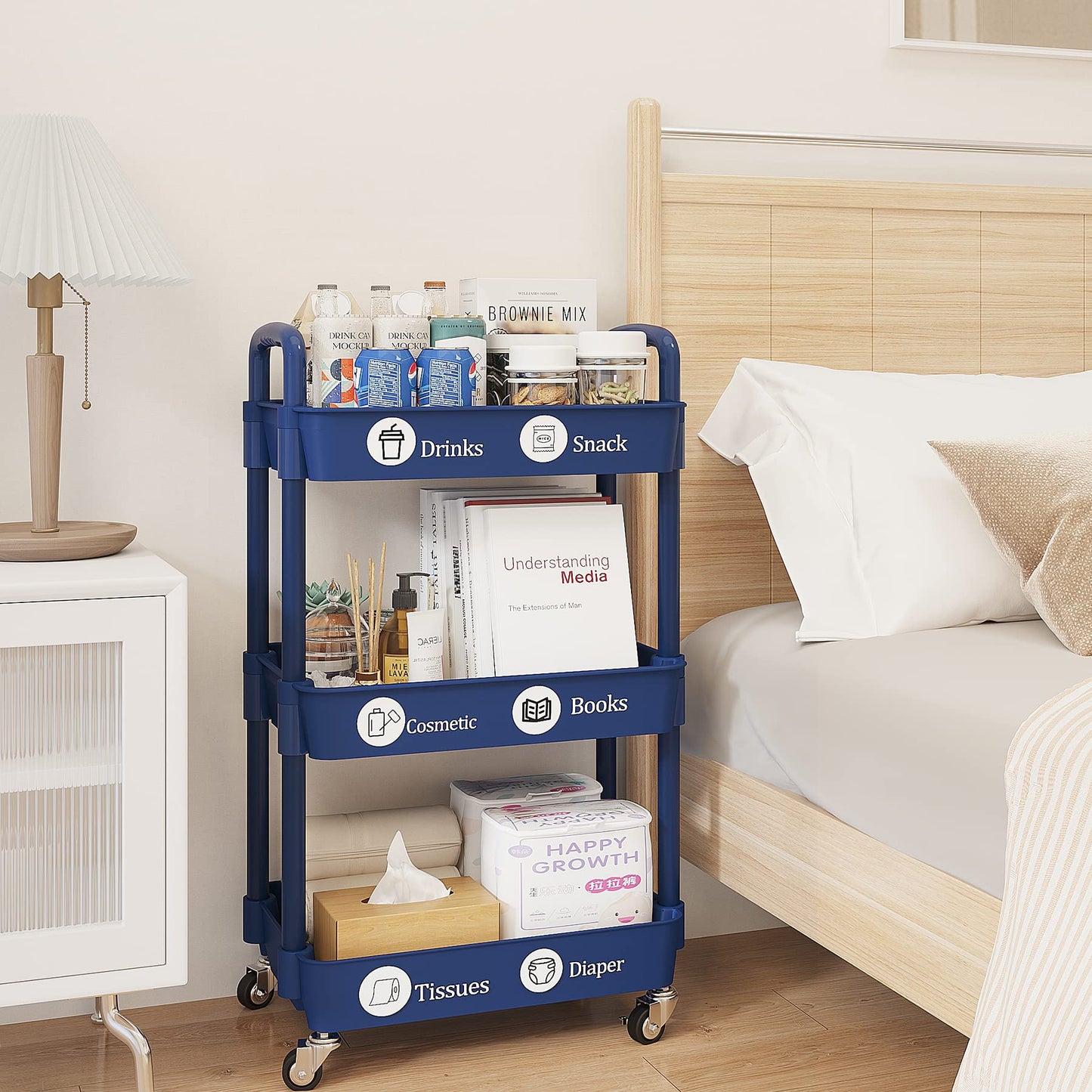 UDEAR 3-Tier Rolling Utility Cart with 12 Category Labels,Multifunctional Storage Shelves with Handle and Lockable Wheels for Room,Office,Kitchen,Bathroom,Blue