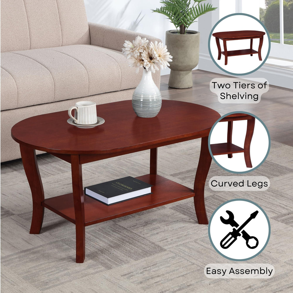 Convenience Concepts American Heritage Oval Coffee Table 36" - Classic Living Room Table with Storage Shelf for Transitional Living Room, Mahogany Convenience Concepts