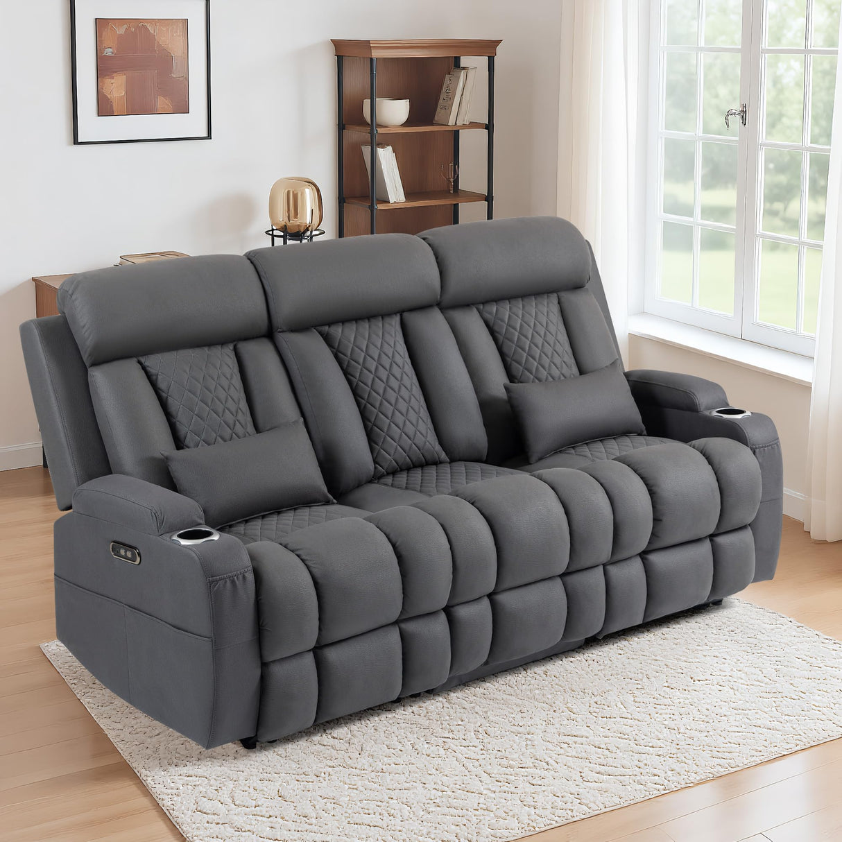 CALIVIA Wall Hugger Power Reclining Sofa with Manual Adjustable Headrests, Electric Recliner Couch with Drop-Down Table, Power Recliner Sofa 3-Seater with Charging Ports for Living Room (Grey) CALIVIA