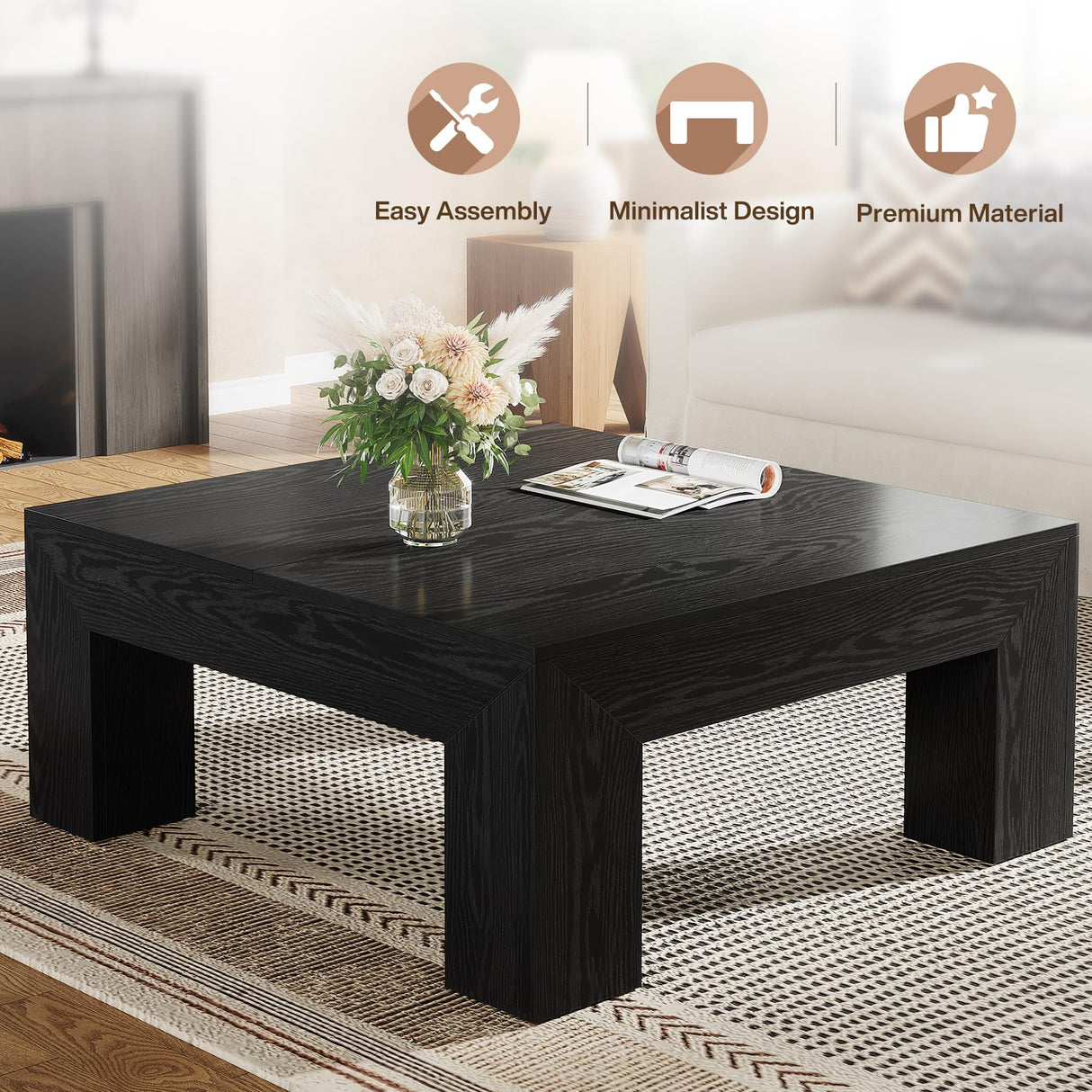 Tribesigns 39.4-Inch Square Coffee Table for Living Room, Farmhouse All MDF Accent Center Cocktail Table with Sturdy Wooden Legs, Easy Assembly, Black Tribesigns