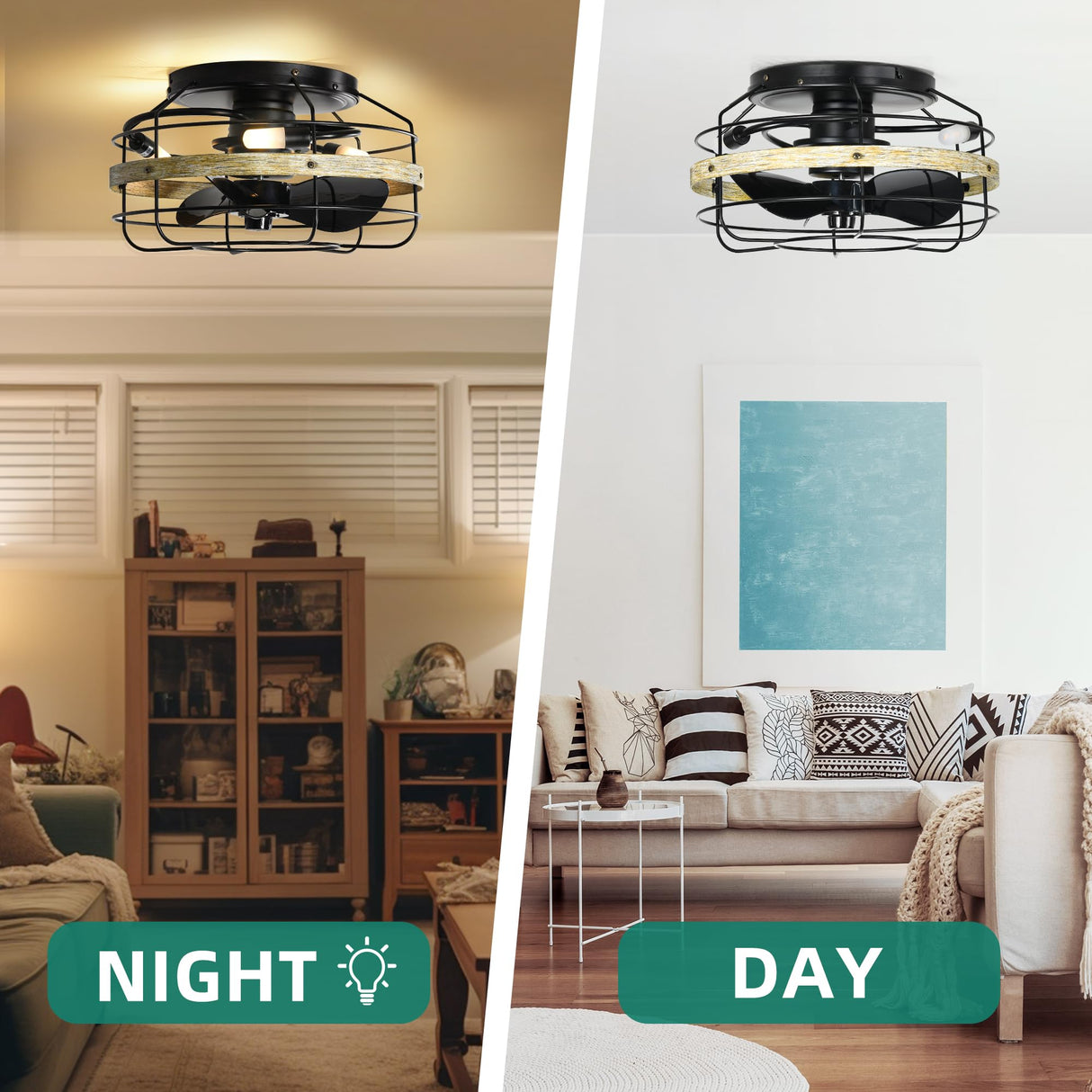 YITAHOME 15" Caged Ceiling Fans with Lights and Remote, Flush Mount Bladeless Low Profile, Small Farmhouse Rustic Enclosed Ceiling Fan for Bedroom, Kitchen, Indoor YITAHOME