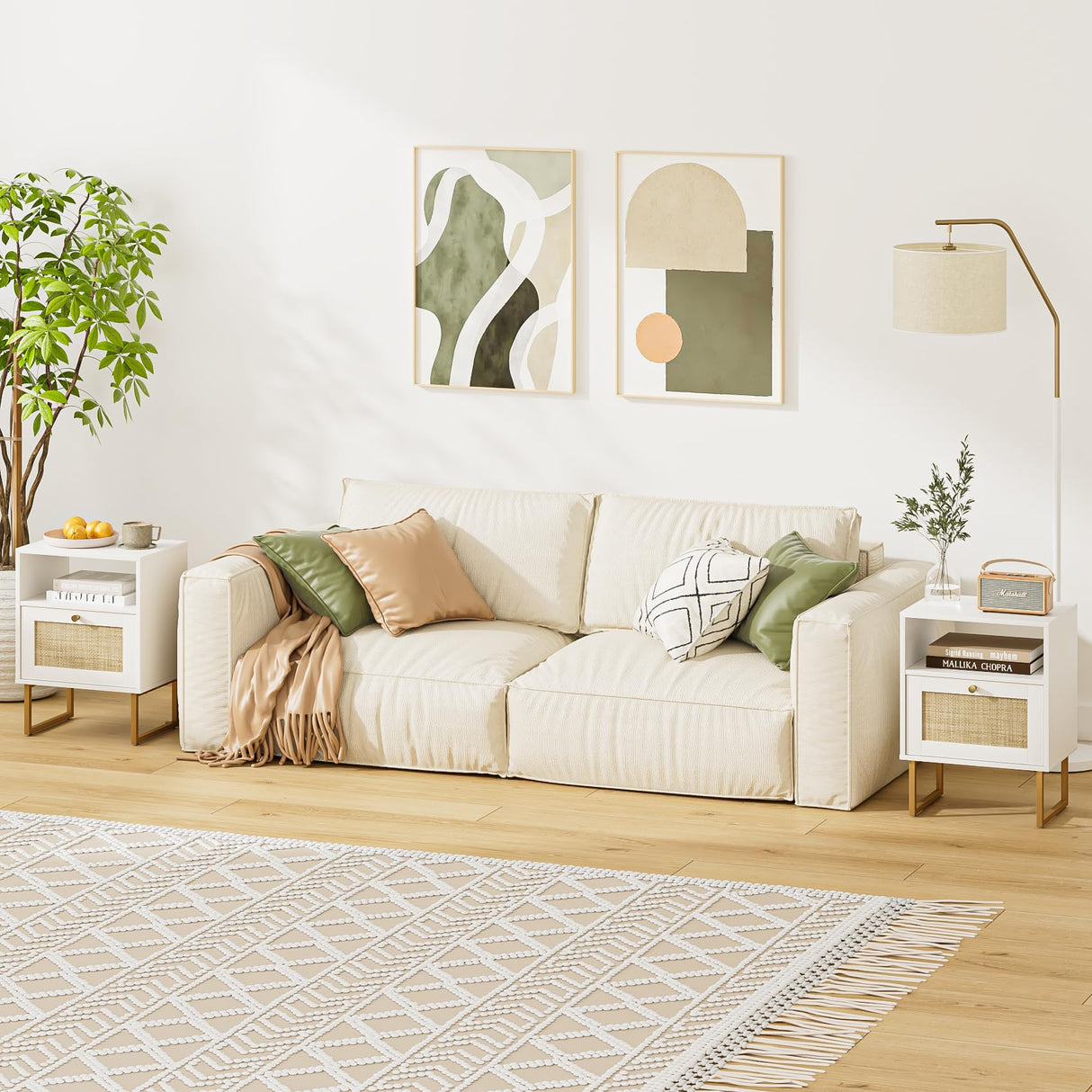 Acodaiuy Rattan Nightstand, Boho Night Stand Wood Farmhouse Bedside Table with Storage, End Side Accent Table for Bedroom,Living Room,White Acodaiuy