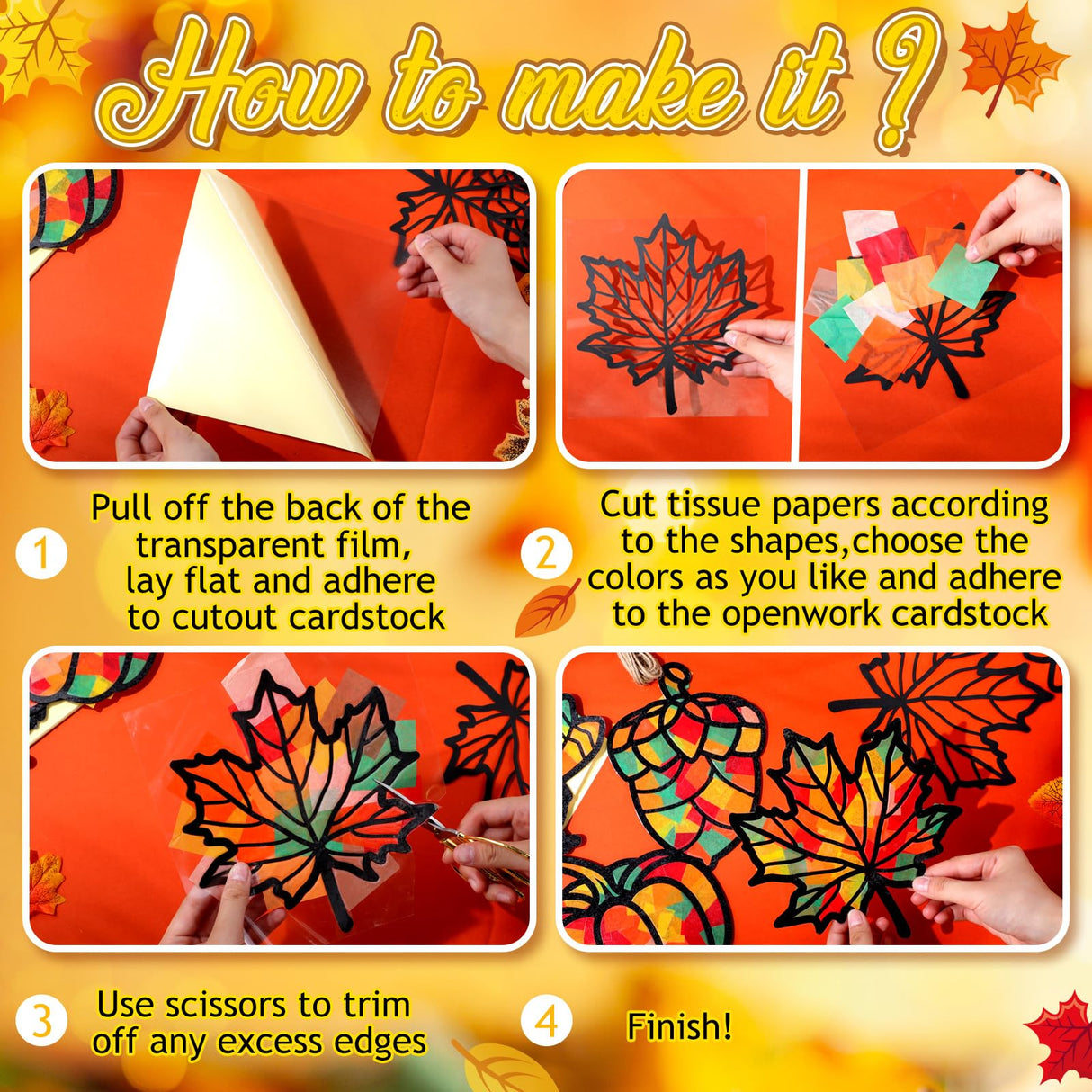 Tinlade 24 Pack Fall DIY Suncatcher Paper Crafts Stained Glass Effect Paper Suncatchers, 600 Tissue Papers, Window Art Arts and Crafts for Thanksgiving Halloween Party Favors Tinlade