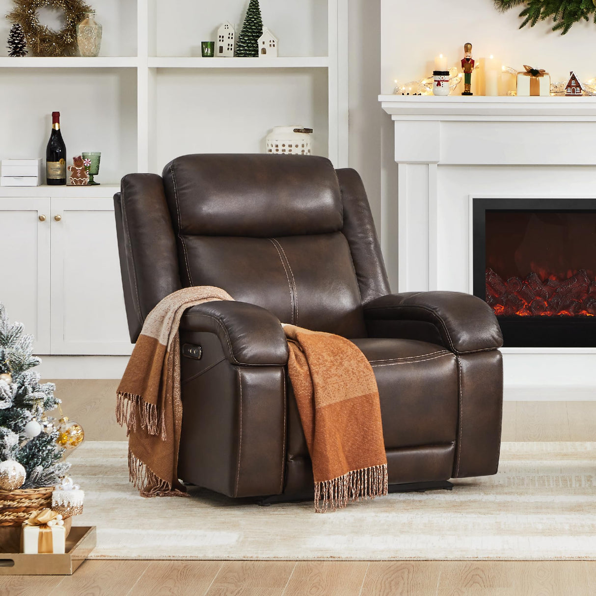 Watson & Whitely Genuine Leather Power Recliner Chairs for Adults, Wall Hugger RV Recliner with Power Headrest & Charging Ports, Electric Recliner Sofa Chair for Living Room, Dark Brown Watson & Whitely