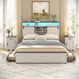 Maupvit Full Size Farmhouse Bed Frame with 4 Drawers and Sliding Barn Door, Storage Shelves, LED Light and Charging Station Metal Platform Bed Frame No Box Spring Needed, White Maupvit