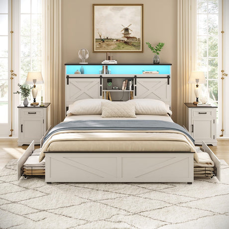 Maupvit Full Size Farmhouse Bed Frame with 4 Drawers and Sliding Barn Door, Storage Shelves, LED Light and Charging Station Metal Platform Bed Frame No Box Spring Needed, White Maupvit