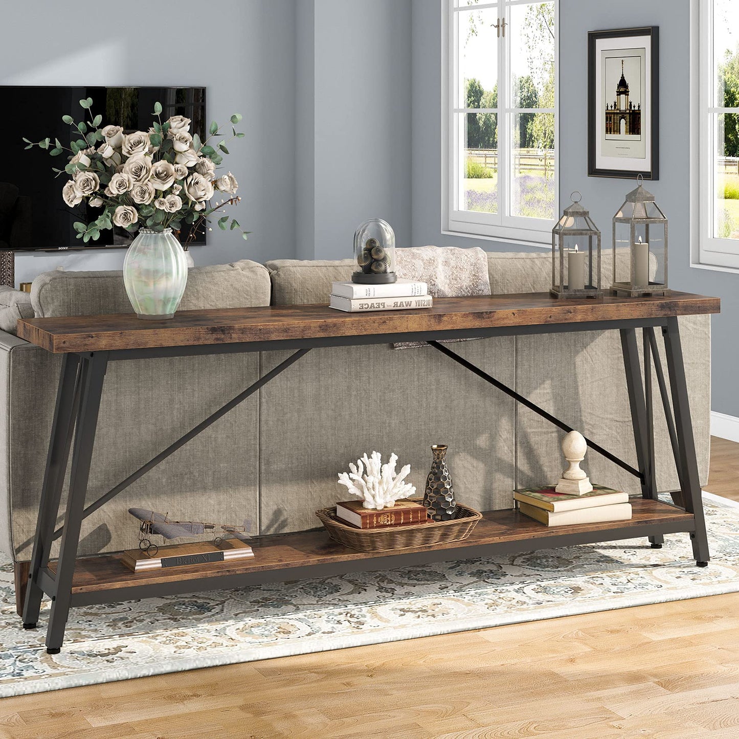 Tribesigns 70.9 Inches Extra Long Sofa Table Behind Couch, Industrial Entry Console Table for Hallway, Entryway & Living Room, Dark Brown - WoodArtSupply