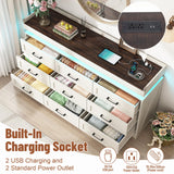 Hlivelood Large Farmhouse 9 Drawers Dresser for Bedroom with LED Light and Power Outlets,63" Wide Wood Rustic 9 Chests of Drawers for Closet,Tall Storage Dresser Organizer for Bedroom(Antique White) Hlivelood