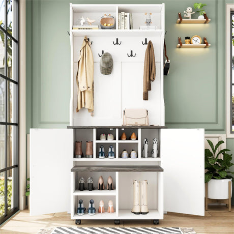 Ball & Cast 4-in-1 Farmhouse Hall Tree with Barn Doors,Entryway Coat Rack with 7 Hanging Hooks and Shoe Storage Cabinet,76.9" Movable Bench w/ 6 Brake Wheels for Hallway, Living Room,White Ball & Cast