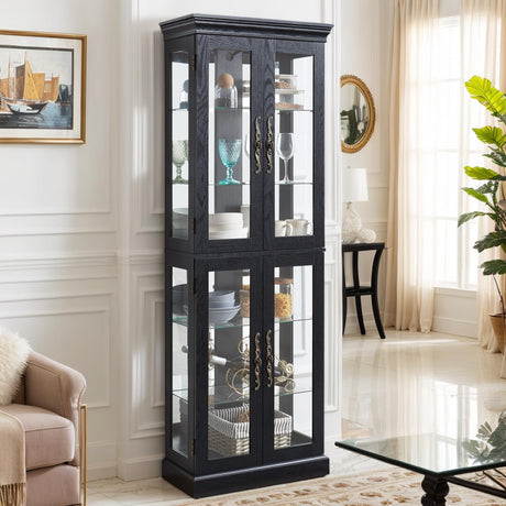 Lighted Curio Cabinet 71" Vintage Glass Display Case with Adjustable Shelves, 4 Tempered Glass Doors, Bulb Included, Wooden Square Wine Bar China Cabinet for Living Room Liquor Storage (Black) CKEASEAN