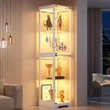Glass Display Cabinet with Doors, 65" Tall 4-Tier Curio Display Case with 3 Color Lights and Human Body Sensor, Bookcase for Collectibles, White WEQUB
