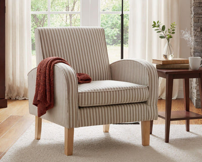 Farmhouse Striped Accent Chair for Living Room Set of 1, Linen Fabric Modern Comfy Armchairs with Cushion, Upholstered Striped Reading Chairs for Bedroom Couch Chair with Wood Legs, Khaki