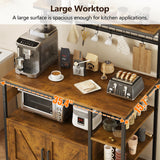 TVU Bakers Rack with Power Outlet and LED Light, Microwave Stand with Storage Cabinet, Coffee Bar Cabinet Station with 6 Hooks for Kitchen, Dining Room, Living Room, Coffee Bar, Rustic Brown TVU