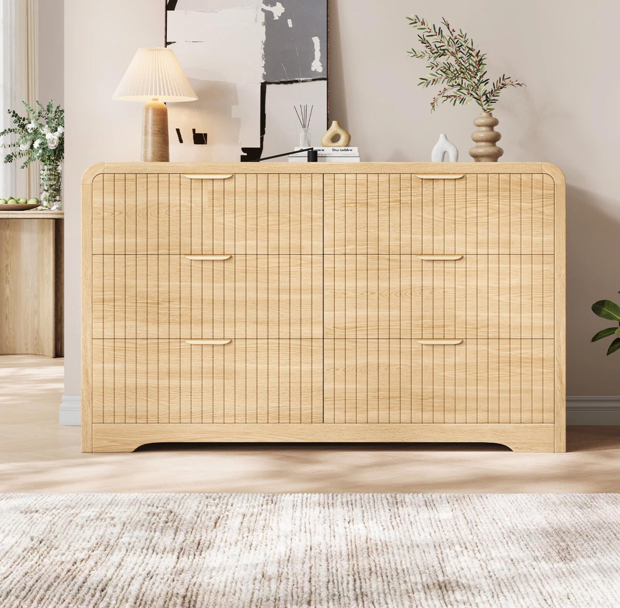 Jocoevol Modern 6 Drawer Dresser, 47" Wide Wood Dressers & Chests of Drawers Curved Profile Design, Mid Century Modern Fluted Dresser for Bedroom, Natural Oak Jocoevol