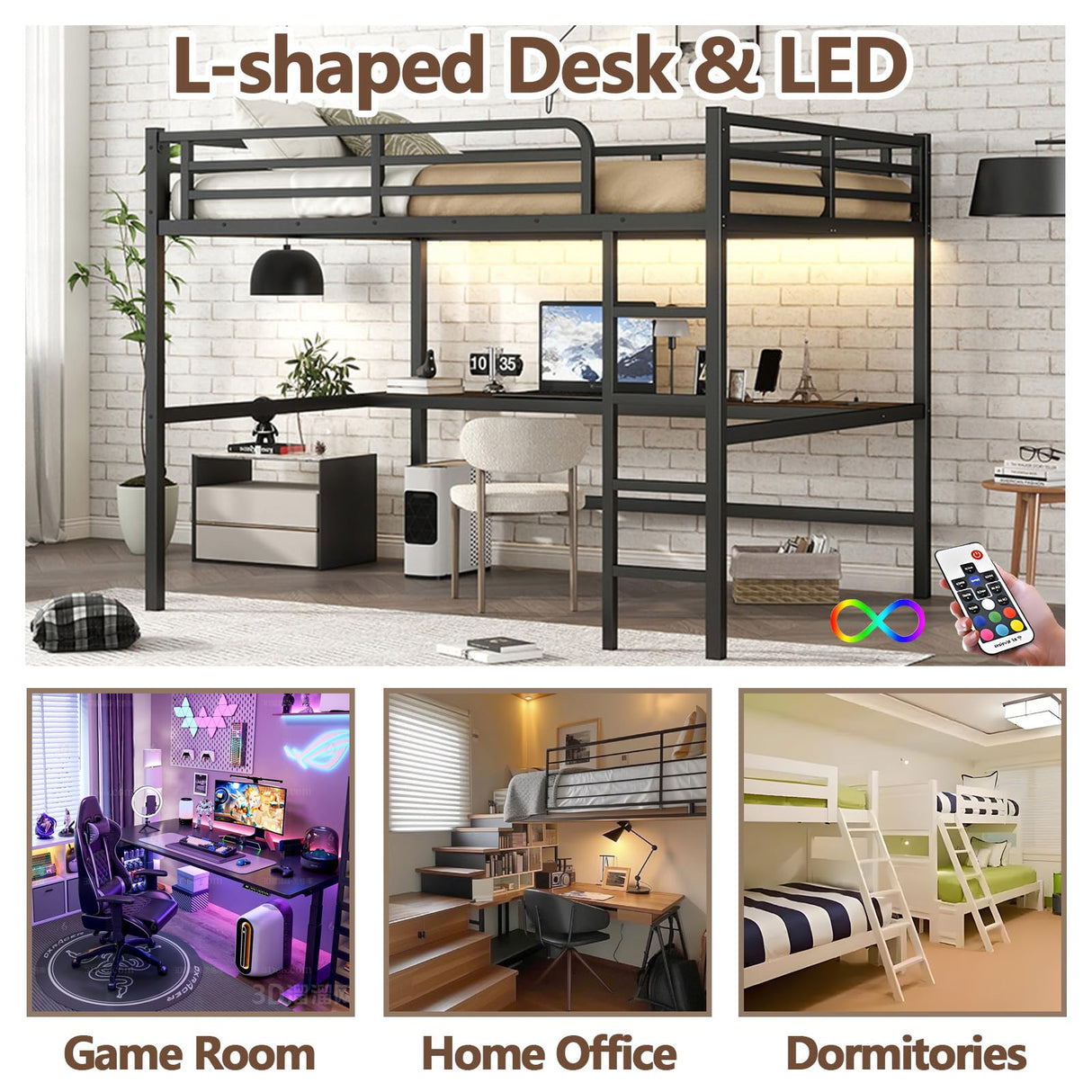 thctvous Queen Loft Bed with Desk,Gaming Loft Bed with LED, Guardrail,Heavy Duty Metal Bed Frame for Adults Teens,Space-Saving,Noise Reduced (Black, Queen) Thctvous