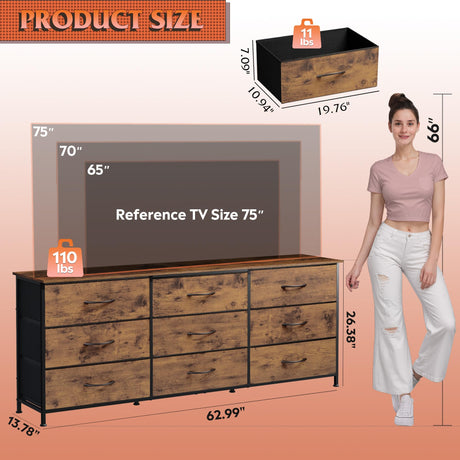 WLIVE 63''W Dresser for Bedroom, Dresser TV Stand for 65, 70, 75 inch TV, Wide Chest of Drawers with 9 Drawer, Large Entertainment Center, Fabric Dressers with Wood Top for Living Room, Rustic Brown WLIVE