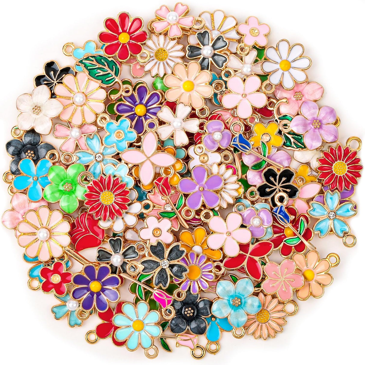 Acejoz 100Pcs 50 Pairs Flower Charms for Jewelry Making, Wholesale Assorted Enamel Mixed Bulk Metal Earring Charms for DIY Necklace Bracelet Earring Jewelry Making and Crafting Acejoz