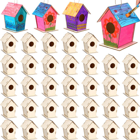 DoubleFill 12 Pcs Bulk 6.3'' Wooden Bird Houses Kits for Kids to Build DIY Unfinished Wood Birdhouses to Paint Wood Arts and Crafts Birthday Gifts for Girls Boys Crafts Class Parties DoubleFill