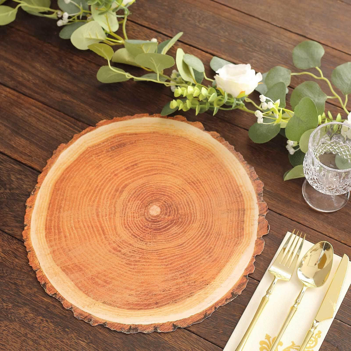 Efavormart 6 Pack | 13" Rustic Natural Wood Slice Design Disposable Serving Trays, Round Farmhouse Paper Charger Plates Efavormart.com