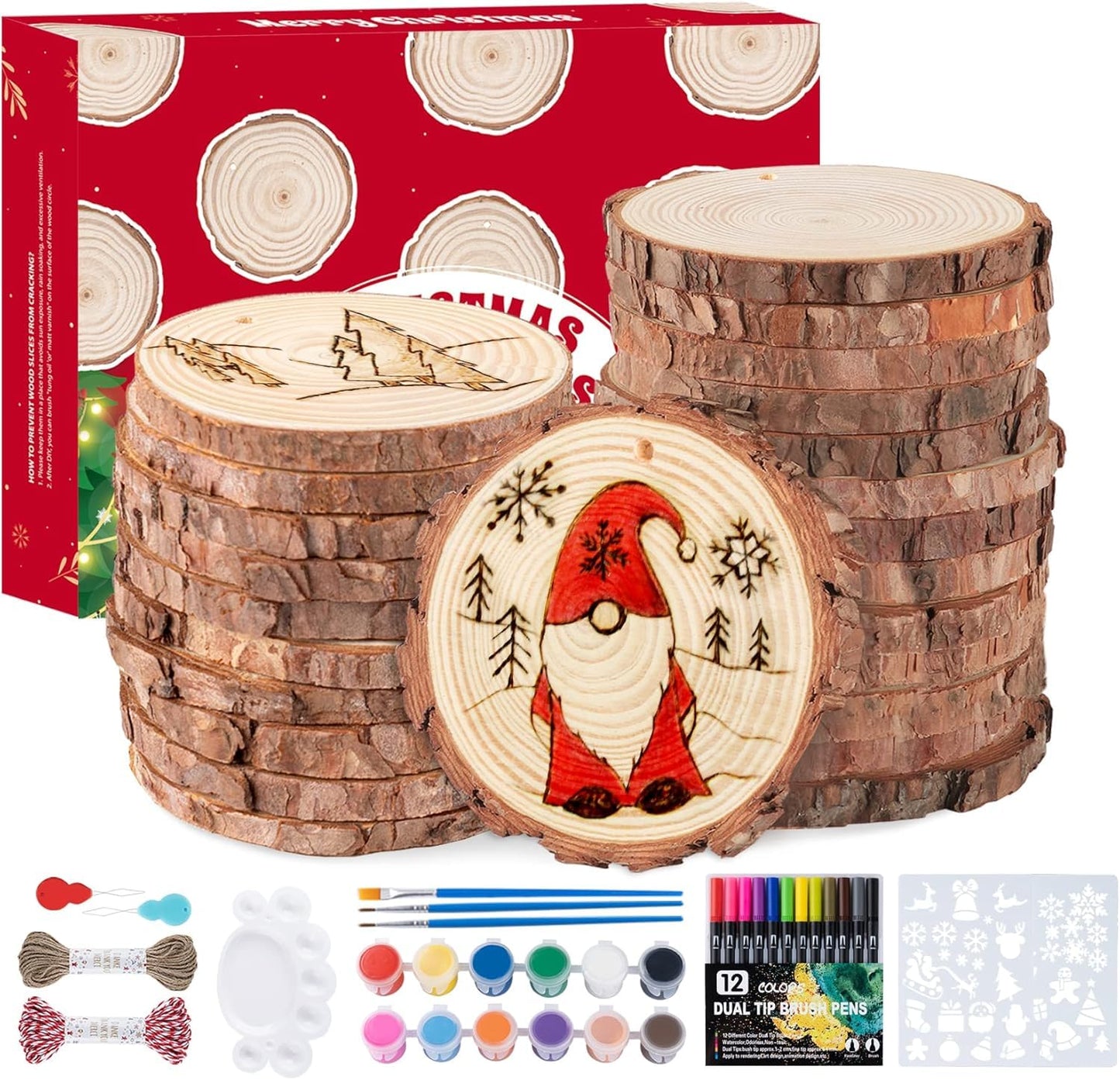 ilauke Wood Slices, 50PCS 2.4"-2.8" Unfinished Natural Wooden Christmas Ornaments Kit with Pre-drilled Hole, Acrylic Paint Pattern Stencils, DIY Crafts for Xmas Ornaments Party Holiday Decor