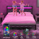 Winkalon Queen Bed Frame with Ergonomic Headboard, Platform Bed Frame with RGB Lights, Outlets & Charger, Fast Assembly Bed Queen Size, Modern Wood Upholstered Headboard,Gray Winkalon