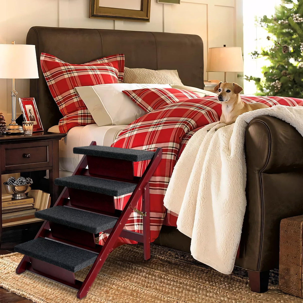 BRIKY Wooden Dog Stairs/Steps - Foldable 4 Steps Dog Steps for High Bed Couch Cars, Non-Slip Pet Stairs for Small Large Medium Dogs and Cats, No Assembly Required BRIKY