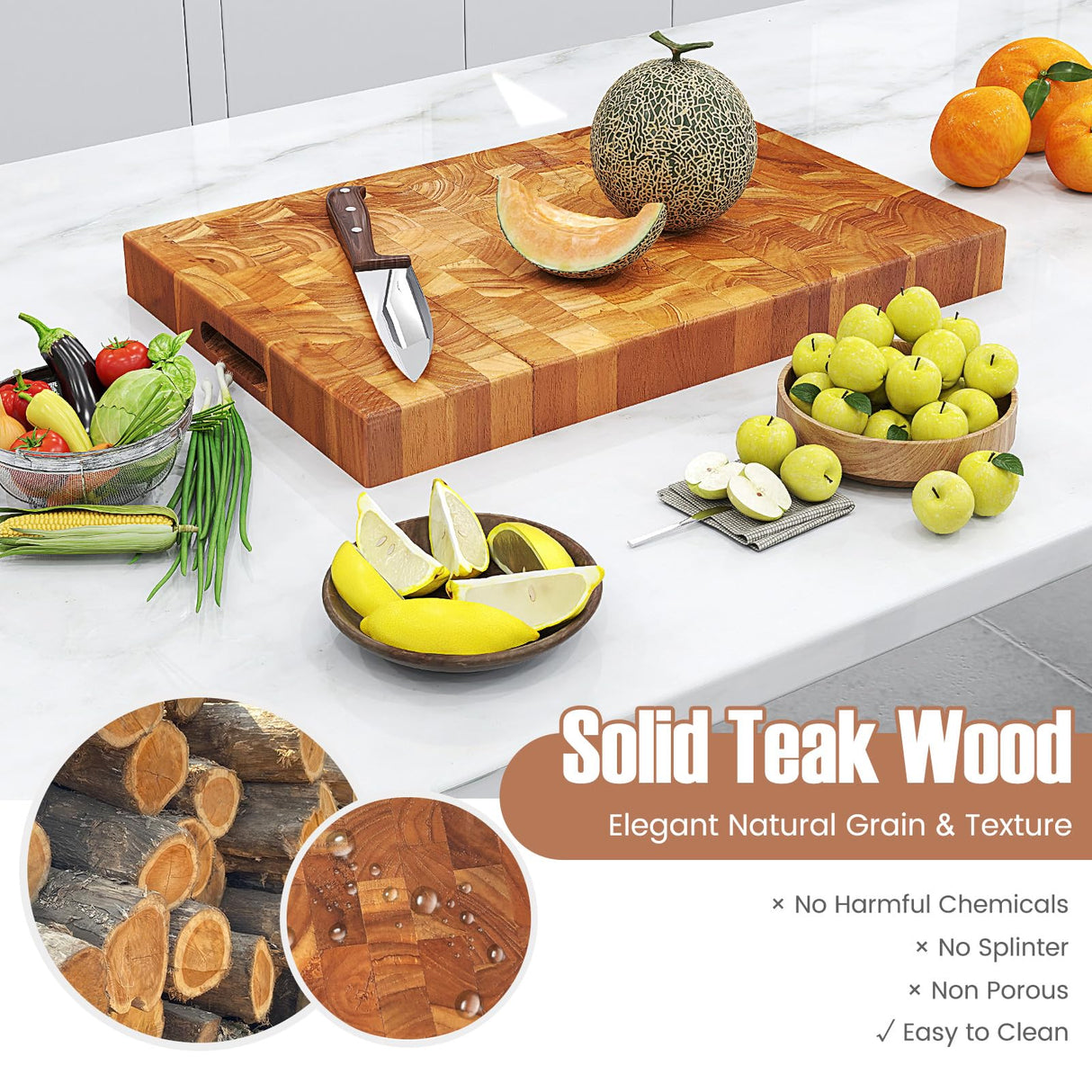 Giantex Teak Wood Cutting Board, 2" Thick End Grain Chopping Block with Hand Grip, 18"x12" Large Reversible Butcher Block, Pre-Conditioned With Natural Waxes & Oils, Carving Board for for Meat Cheese Giantex