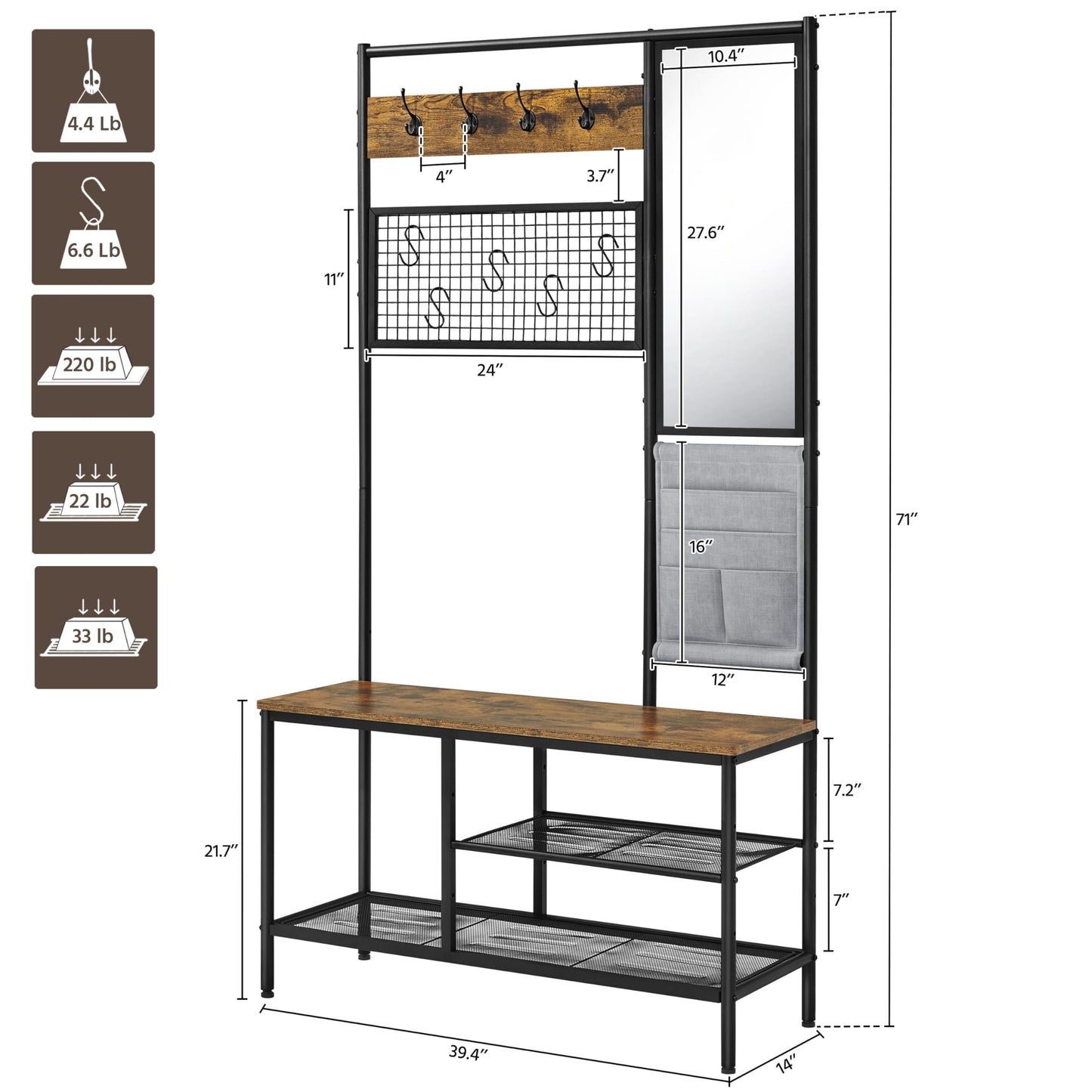 Yaheetech Hall Tree with Shoe Bench, Coat Rack with Mirror & Storage Bag, Entryway Bench with Shoe Storage Shelves, Metal Frame, for Hallway Bedroom Living Room, 6-in-1 Design, Rustic Brown