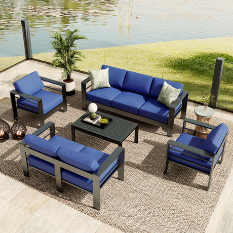 GAOMON 7 Seats Aluminum Patio Furniture Set, 5 PCS Outdoor Sectional Conversation Sofa Set with 4" Wide Armrest, Backyard Sectional Sofa Set with Coffee Table & Thick Cushions, Blue GAOMON