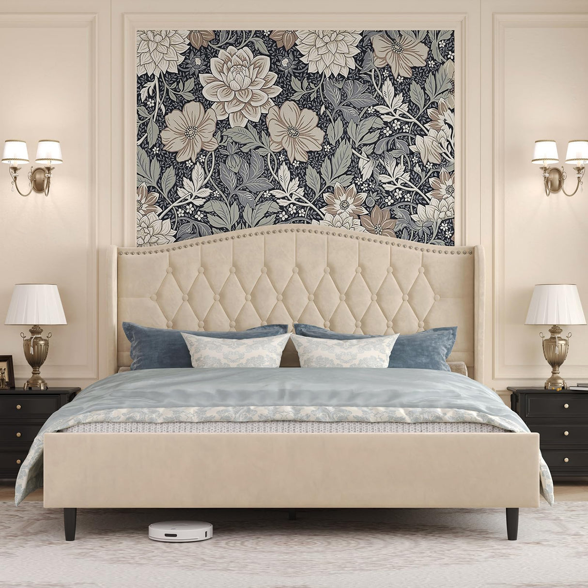 Belffin Queen Bed Frame with Headboard, Luxury Upholstered Velvet Platform Bed with Wingback, Button Tufted & Nailhead Trim, Anti-Slide Tall Footboard, No Box Spring Needed, Noise-Free, Beige Belffin