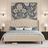 Belffin Queen Bed Frame with Headboard, Luxury Upholstered Velvet Platform Bed with Wingback, Button Tufted & Nailhead Trim, Anti-Slide Tall Footboard, No Box Spring Needed, Noise-Free, Beige Belffin