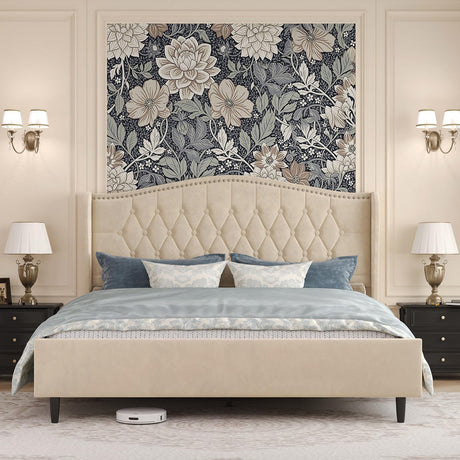 Belffin Queen Bed Frame with Headboard, Luxury Upholstered Velvet Platform Bed with Wingback, Button Tufted & Nailhead Trim, Anti-Slide Tall Footboard, No Box Spring Needed, Noise-Free, Beige Belffin