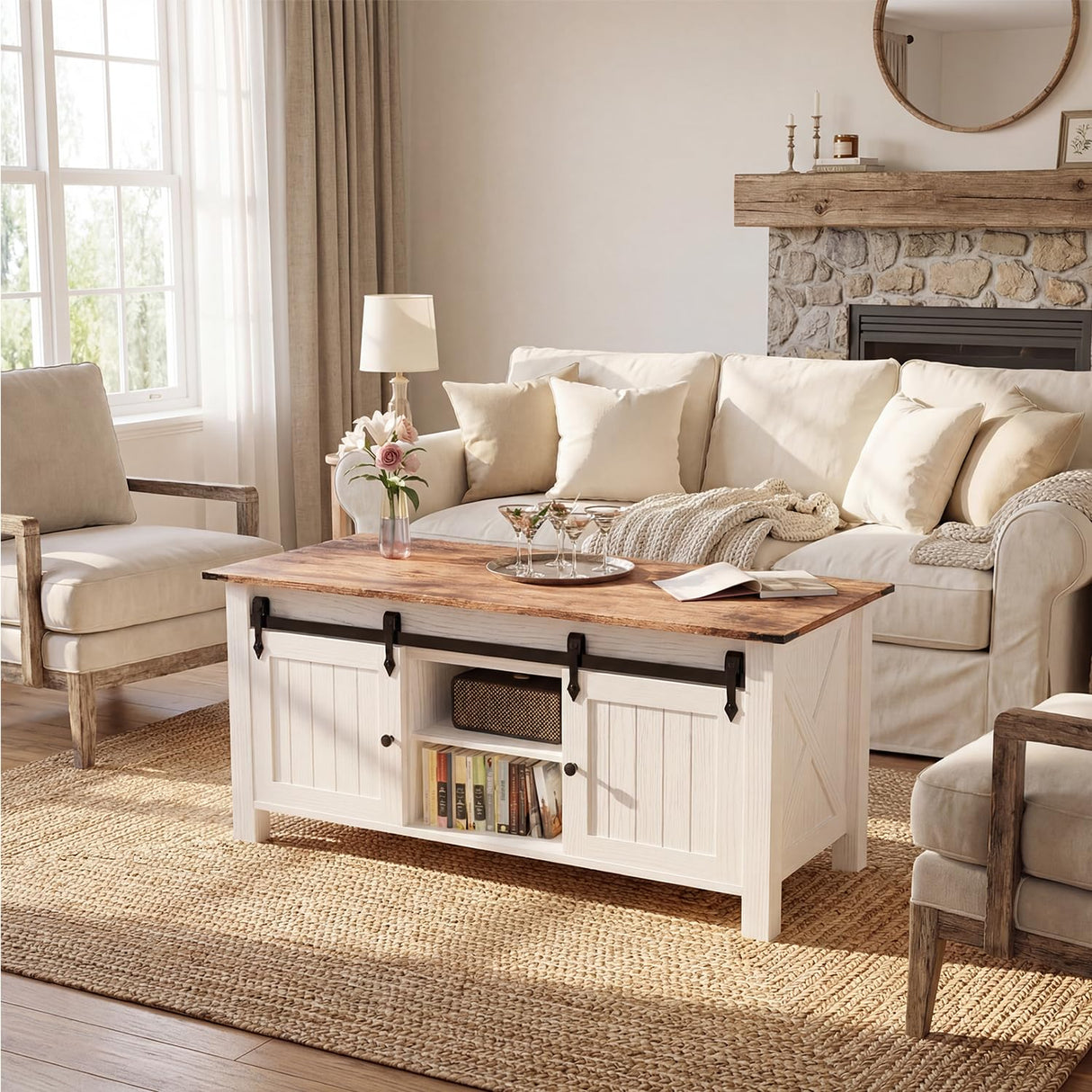 Cakhdry Lift Top Coffee Table with Storage, 47" Farmhouse Coffee Tables with Sliding Barn Door and Lift Tabletop Wooden Rectangle Center Table for Living Room, White Cakhdry
