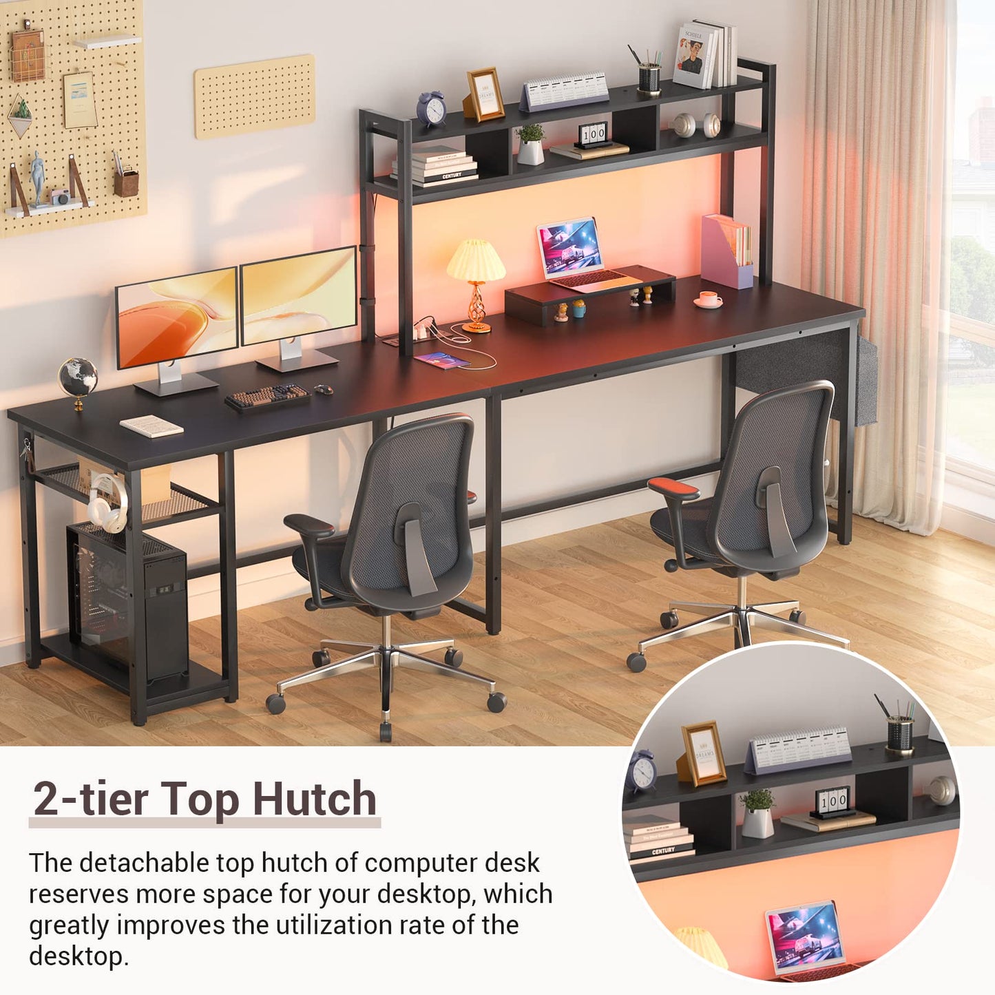 Aheaplus L Shaped Desk with Power Outlet & LED Strip, Reversible L-Shaped Corner Computer Desks Gaming Desk with Storage Shelf & Monitor Stand, Modern 2 Person Home Office Desk, Writing Desk, Black