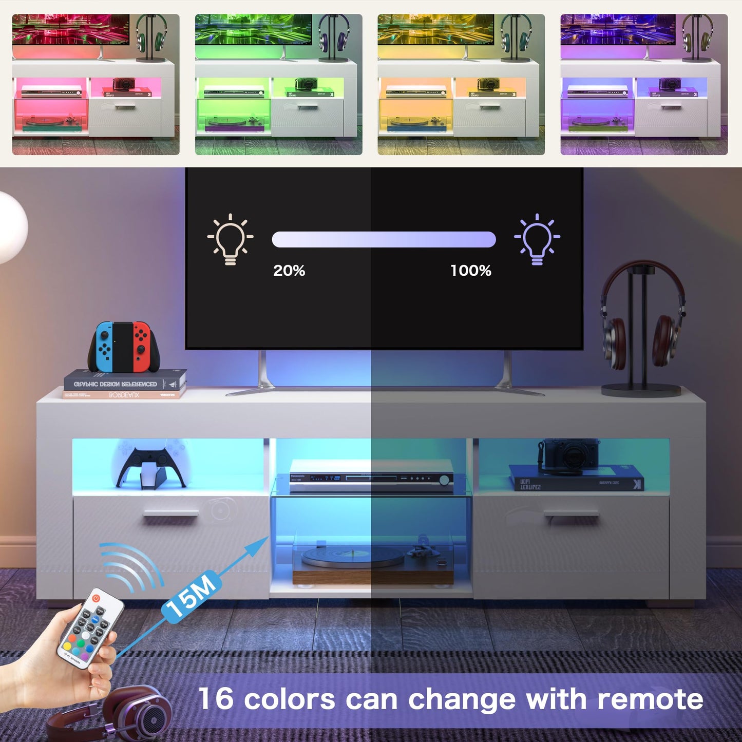 SANYOAC White TV Stand for 50/55/65 Inch TV, Entertainment Center with Led Lights, Modern TV Stands for Bedroom, TV Console with Storage and Shelves for Living Room Bedroom