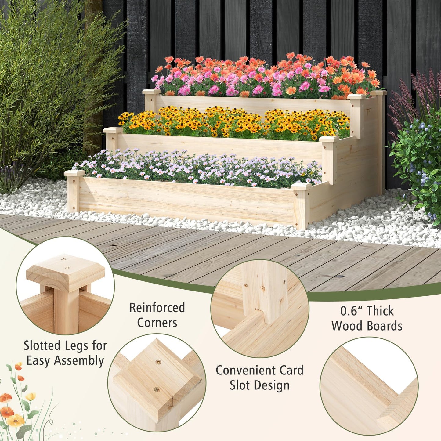 Toolsempire 3-Tier Raised Garden Beds Outdoor, Fir Wood Raised Garden Bed Planter Box, Flower Bed Wooden Planter Kit for Gardening, Vegetable & Herb