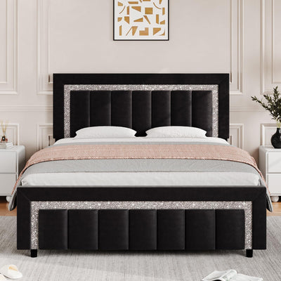 HOMBCK Queen Bed Frame, Upholstered Bed Frame with Diamond Headboard and Footboard, Black Queen Bed Frame with Velvet Vertical Channel Tufted Headboard, No Box Spring Needed, Easy Assembly, Black