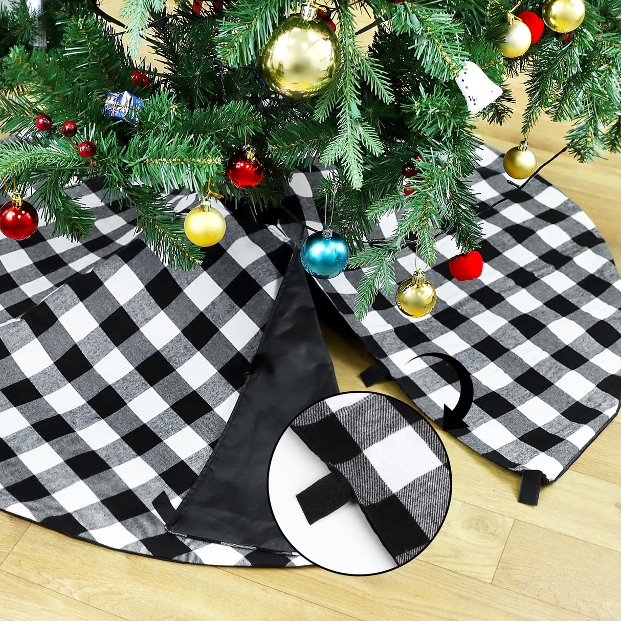 48 Inch Buffalo Plaid Christmas Tree Skirt Large Black and White Buffalo Plaid Double Layers Tree Skirt for Holiday Christmas Decorations Hxezoc