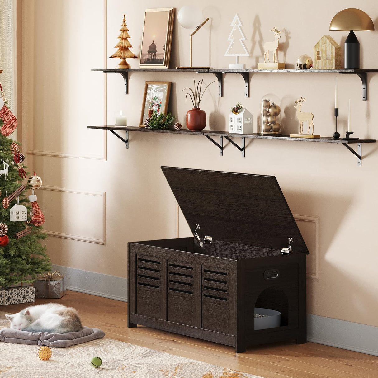 DINZI LVJ Litter Box Enclosure, Flip Top Litter Box Furniture, Hidden Cat Washroom, Wooden Cat House, End Table, 39.4" L x 19.7" W x 19.7" H, Good Ventilation, Easy to Assemble, Espresso DINZI LVJ