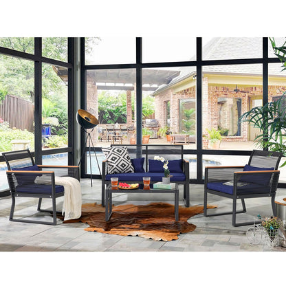 Patiorama 4 Piece Patio Furniture Set, Outdoor Wicker Bistro Set, All-Weather Black PE Rattan Conversation Set w/Coffee Table, Loveseat, Wood-Like Armrest, Cushions for Garden Balcony Deck, Navy Blue